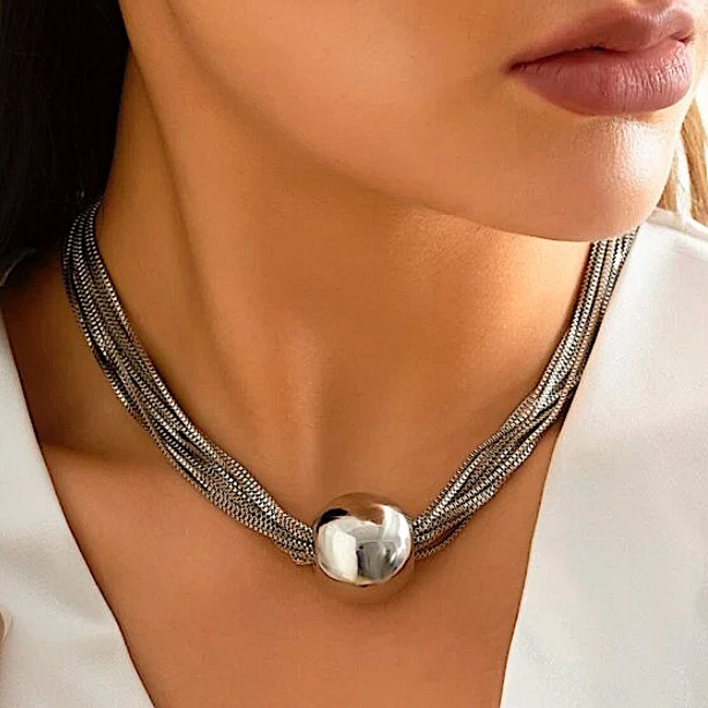 Sterling Silver Multilayered Chain Ball Choker